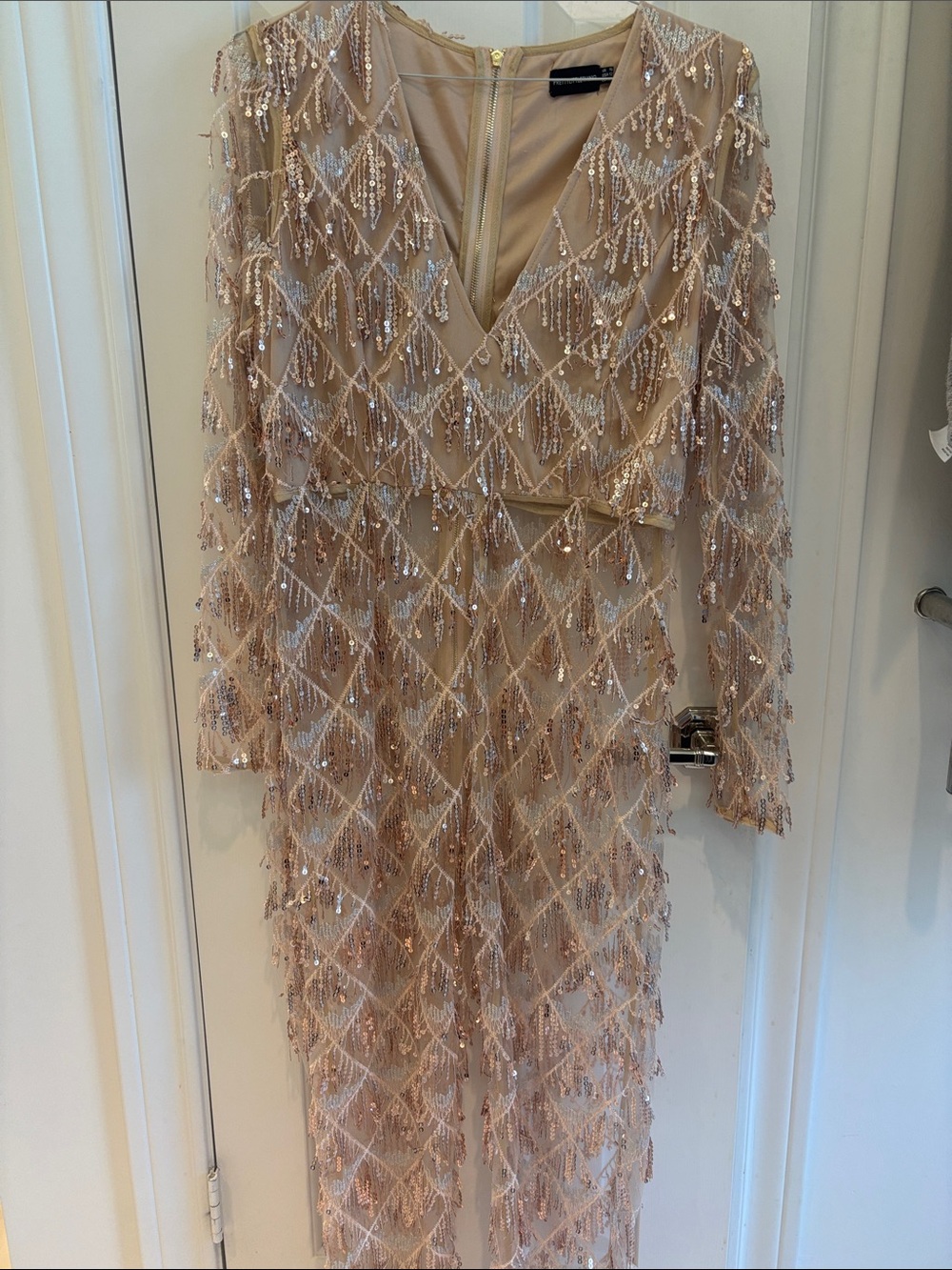 Pretty Little Thing Sequin V-Neck Long Sleeve Evening Dress in Nude Blush